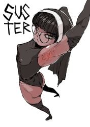 1girls armpit_focus armpits ass black_gloves black_hair black_veil bodysuit dark-skinned_female dark_skin female_only glasses hi_res high_heels long_gloves looking_at_viewer nipple_bulge nun original original_character pizzlet stockings text veil yellow_eyes