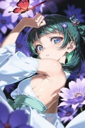 1girls ai_generated armpit armpits backless_outfit bare_shoulders beautiful blue_eyes butterfly clothed clothing dance dancer dancer_outfit dancing dancing_girl female flower flower_in_hair flowers green_hair hair_ornament hand kusuriya_no_hitorigoto maomao_(kusuriya_no_hitorigoto) randomand self_upload sideboob sideboob_cutout white_clothing