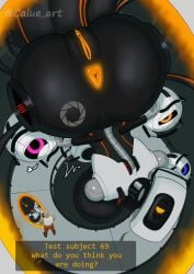 2025 absurd_res anus ass bald big_butt biped blue_eyes butt_markings calue_art clothed clothing dialogue english_text female first_person_view genitals glados heart_symbol hi_res human looking_at_viewer looking_up machine male mammal markings motion_lines orange_anus orange_eyes orange_text orange_vulva portal portal_(series) pussy question_mark robot standing talking_to_another text text_box valve vulva white_heart