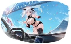 against_glass aircraft airplane azur_lane bare_shoulders black_footwear black_ribbon black_shirt black_shorts black_thighhighs blue_sky boots breast_press breasts car car_interior cg cleavage cleavage_cutout closed_mouth clothing_cutout cloud confetti crop_top day detached_sleeves female grey_hair hair_between_eyes hair_ornament hair_ribbon heart joffre_(azur_lane) joffre_(blessings'_first_flight)_(azur_lane) large_breasts long_hair looking_at_viewer micro_shorts midriff motor_vehicle navel official_art outdoors race_queen race_vehicle red_eyes shirt short_shorts shorts single_thighhigh skindentation sky sleeveless sleeveless_shirt smile solo steering_wheel stomach thigh_strap thighhighs thighs twintails white_hair