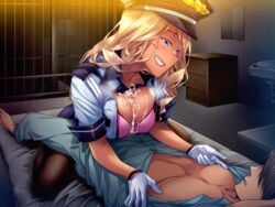 blonde_hair blue_eyes blue_skirt blush bra breast_squeeze breasts bubuzuke cell censored cleavage clenched_teeth cum cum_between_breasts cum_in_cleavage cum_on_breasts cum_on_upper_body dark_skin female femdom full_cleavage futon gal_kanshu_rina-chan_no_m_otoko-ka_seikyouiku_shidou game_cg gloves grin hat highres kneeling large_breasts legs long_hair looking_down lying naughty_face open_clothes paizuri paizuri_under_clothes pencil_skirt penis pink_bra police policewoman sex sitting skirt smile stockings thighhighs thighs uniform