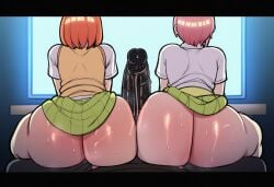 1boy 2girls ai_generated big_ass blackwhiplash_(style) double_buttjob go-toubun_no_hanayome interracial nakano_ichika nakano_yotsuba novelai siblings sisters sitting_on_lap sweaty_ass unaware watching_tv