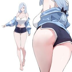 absurdres alternate_costume ass blue_jacket blue_shorts breasts camisole dolphin_shorts female genshin_impact grey_hair hair_over_one_eye highres jacket large_breasts long_hair low-tied_long_hair midriff multiple_views off_shoulder panties panty_peek shenhe_(genshin_impact) shorts thigh_gap underwear white_camisole white_panties ym-1