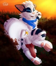 absurd_res animal_genitalia animal_penis arcanine arm_tuft balls blue_body blue_eyes blue_fur canid canine canine_genitalia canine_penis cheek_tuft digit_ring digital_media_(artwork) digital_painting_(artwork) elbow_tuft facial_tuft feral fluffy fluffy_tail fur generation_1_pokemon genitals grass grass_field head_markings head_tuft hi_res holding_tail jewelry knot knotted_penis male mammal markings mostly_nude multicolored_body neck_tuft nintendo painting_(artwork) pawpads paws penis pink_nose plant pokemon pokemon_(species) raised_tail ring ring_(jewelry) scarf scarf_only sheath sky stellaamoris striped_body striped_fur striped_markings stripes suiro suiro_(character) tail tuft wedding_ring white_body white_fur
