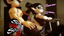 1boy 1girls 3d 3d_(artwork) ass_grab black_hair black_shirt black_yoga_pants boxers_(clothing) breasts brown_hair callie_(splatoon) cephalopod cephalopod_humanoid clothing crossover cum cum_in_pussy cum_inside dialogue doggy_style dumbbell duo ejaculation facial_hair female grabbing_ass grabbing_hair gym hair_pull hand_on_ass human human_male human_on_humanoid humanoid humanoid_female idiotboxangel indoors interspecies light-skinned_female light-skinned_male light_skin male male/female mario mario_(series) mature mature_female mature_male moustache nintendo penis penis_in_pussy red_boxers sex shirt splatoon splatoon_(series) squid squid_girl squid_humanoid straight straight_sex text