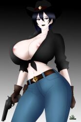 akinama_family_(noir-black-shooter) big_breasts breasts cowboy_hat dark_blue_hair female gun huge_breasts milf naoki_akinama_(noir-black-shooter) noir-black-shooter oc original original_character purple_hair short_hair