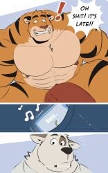 2023 abs anthro areola arm_markings artist_name barazoku belly biceps big_legs big_penis biped black_eyebrows black_eyes black_nose black_stripes boss bottomless bottomwear brown_ears calling canid canine canis cellphone clenched_teeth clothed clothing colored comic credits cyan_background deltoids dialogue digital_drawing_(artwork) digital_media_(artwork) domestic_dog duo ear_markings ear_tuft ears_down electronics english_description english_text exclamation_point eyebrows felid forearm_muscles foreskin fur genitals getting_up glans half-erect hi_res humanoid_genitalia humanoid_penis leg_markings looking_at_object looking_down looking_down_at_object male mammal manly markings mostly_nude mouth_closed musclegut muscular muscular_anthro muscular_male music navel neutral_expression nude obliques orange_body orange_fur overweight pantherine patreon patreon_logo patreon_username pecs penis phone pivoted_ears quads raised_eyebrow raised_eyebrows sequence signature simple_background smartphone song speech_bubble stocky striped_body striped_fur striped_markings stripes teeth teeth_showing text thick_thighs toony topless topwear triceps tuft twitter twitter_logo uncircumcised vein veiny_penis vitashi waking_up white_body white_fur worried
