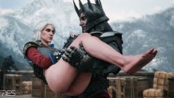 3d armored_male ass bubble_butt carrying carrying_partner cd_projekt_red ciri elf elf_male eredin_breacc_glas feet female green_eyes half-dressed half_naked light-skinned_female light-skinned_male looking_at_partner male mascara no_panties scar the_witcher_(series) the_witcher_3:_wild_hunt white_hair wild_hunt witcherres