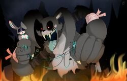 animatronic anthro areola bandage barefoot black_nose blood blue_eyes bodily_fluids breasts crying death digital_media_(artwork) drace_the_rabbit dripping e-01 fangs feet female fire fur gear genitals glowing glowing_eyes gore grey_body grey_fur hair hi_res lagomorph leporid machine male mammal monster multicolored_body multicolored_fur mutilation nipples nude open_mouth rabbit red_eyes robot sharp_teeth simple_background smile tears teeth tongue tongue_out white_body white_fur wire