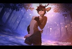 absurd_res anthro antlers bottomwear bottomwear_down carevich_sem carevichsem clothed clothing deer ejaculation ejaculation_on_clothes femboy forest genitals hi_res horn humanoid_genitalia humanoid_penis lake male mammal masturbation night nipple_piercing nipples outdoor_nudity outside outside_masturbation partially_clothed penis piercing plant shorts shorts_down shorts_off skinny_male solo solo_focus tree voyeur water wet