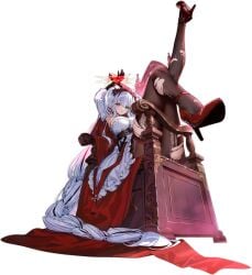 absurdly_long_hair arms_up azur_lane black_background black_pantyhose blue_eyes braid breasts brown_pantyhose cg chair dress elbing_(azur_lane) elbing_(the_throne_of_misfortune)_(azur_lane) female full_body gloves hairband halo heterochromia high_heels large_breasts leg_up long_hair looking_at_viewer official_alternate_costume official_art pantyhose red_eyes red_footwear red_hairband simple_background sitting solo torn_clothes torn_pantyhose very_long_hair white_dress white_hair