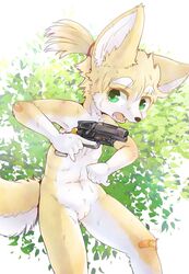 bandaid blade_runner blonde_hair canine flat_chested furry giridechoco green_eyes nude open_mouth pistol pussy reverse_trap uncensored