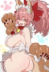 absurdres animal_ear_fluff animal_ears animal_hands apron ass bare_hips bare_shoulders bell blush bow breasts cat_hair_ornament collar ebora fate/extra fate/grand_order fate_(series) female fox_ears fox_girl fox_tail gloves hair_between_eyes hair_ornament hairbow highres jingle_bell large_breasts long_hair looking_at_viewer naked_apron neck_bell no_panties open_mouth paw_gloves pink_hair ponytail red_bow sideboob sidelocks smile solo tail tamamo_(fate) tamamo_cat_(fate) tamamo_cat_(third_ascension)_(fate) thighhighs thighs white_apron white_thighhighs yellow_eyes