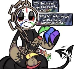 balls balls_fondling chains clawed_fingers claws clock color dandys_world digital_drawing_(artwork) dyle_(dandy's_world) male male_only penis penis_focus pointing_at_penis precum rainbow_penis red_eyes roblox roblox_game tail tailwag text text_box uncircumcised uncircumcised_penis