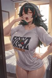 1girls 2025 ahoge ai_generated alternate_hairstyle bed bedroom black_hair bottomless breasts collarbone female female_only hair_between_eyes hand_on_hip hi_res highres indoors large_breasts looking_at_viewer mature_female messy_hair multicolored_hair one_eye_closed open_mouth orange_eyes orange_hair oversized_clothes quaternionic short_sleeves sidelocks solo stable_diffusion standing streaked_hair t-shirt thick_thighs thighs two-tone_hair waking_up white_shirt yawn zenless_zone_zero zhu_yuan
