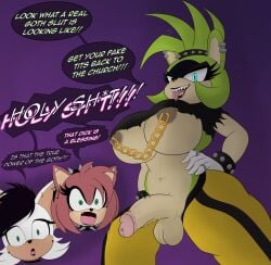 afrosoricid alternative_fashion amy_rose anthro bat big_breasts big_penis breasts chain_piercing clothed clothing eulipotyphlan female genitals gloves goth green_body green_eyes group gynomorph handwear hedgehog hi_res idw_publishing intersex looking_at_another low-angle_view mammal nipple_piercing nipples ogling partially_clothed penis piercing pointed_tongue rouge_the_bat sega sharp_teeth shocked sonic_the_hedgehog_(comics) sonic_the_hedgehog_(idw) sonic_the_hedgehog_(series) surge_the_tenrec surprised_face teeth tenrec thesalazar trio