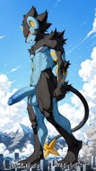 anthro city destruction dick furry giant luxray macro male masturbation micro naked penis precum_drip solo stomping walking wolf
