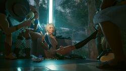 being_recorded being_watched blonde_hair bottle bottle_in_pussy bottle_insertion bowl breasts choker cybernetics cyberpunk_2077 degradation female high_heels humiliation leather_boots masturbation money naked_female nordenfuta nude_female phone stiletto_heels street taking_picture tattooed_arm v_(cyberpunk_2077) vagina