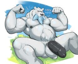 5_fingers anthro anthrofied areola ball_tuft balls barazoku bear beartic belly biceps big_balls big_muscles big_penis biped black_areola black_glans black_nipples black_nose black_pawpads blue_spikes blush border chin_spikes day digital_media_(artwork) dullaram erection facial_spikes fingerpads fingers fist flexing flexing_bicep foreskin fur gameplay_mechanics generation_5_pokemon genitals glans grass hi_res huge_cock humanoid_genitalia humanoid_hands humanoid_penis jaw_spikes looking_at_viewer male male_anthro mammal manly mouth_closed musclegut muscular muscular_anthro muscular_male narrowed_eyes nintendo nipples nude nude_anthro nude_male outside overweight overweight_anthro overweight_male pawpads pecs penis plant pokemon pokemon_(species) pokemorph polar_bear portrait pouting pubes raised_arms shaded sitting sitting_on_ground sky solo spikes spikes_(anatomy) spread_legs spreading teeth text thick_penis three-quarter_portrait three-quarter_view tuft underbite unretracted_foreskin ursine vein veiny_penis white_body white_border white_fur