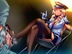 beltskirt blonde_hair blue_eyes blush breasts bubuzuke cell censored chair cleavage cum dark_skin feet female femdom footjob gal_kanshu_rina-chan_no_m_otoko-ka_seikyouiku_shidou game_cg garter_straps gloves hat highres large_breasts legs legs_crossed long_hair long_skirt looking_away mole no_shoes penis police policewoman sitting sitting_down skirt smile thighhighs thighs toes uniform whip