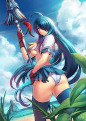 1girls aqua_eyes ass beach blue_hair breasts clouds curvy fingerless_gloves from_behind from_below hair_over_one_eye highres ikkitousen kanu_unchou large_ass large_breasts looking_at_viewer looking_back looking_down outdoors panties pantyshot pose reiq school_uniform sideboob skirt sky smile solo staff thighhighs torn_clothes very_long_hair weapon