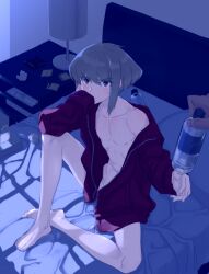 after_sex androgynous bed bedroom bite_mark blush bob_cut clothing femboy in_bed jacket lio_fotia promare short_hair slim_male twink