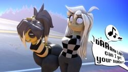 2girls 3d 3d_(artwork) armless breasts compliment curvy_body curvy_female curvy_figure dialogue female flirting huge_ass huge_breasts huge_butt kit_(uwotinfokm8) kitty_(under(her)tail) looking_at_another monster_kid no_arms off_screen_character offscreen_character rule_63 smug smug_face undertale undertale_(series) uwotinfokm8