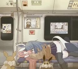 2girls animal_ears animated black_thighhighs doremifaso64 eevee gen_1_pokemon gen_4_pokemon gen_6_pokemon glaceon lying_on_person mike_no_hito multiple_girls nintendo original pokemon sleeping sylveon tagme thighhighs train_interior video yuri