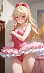 ai_generated ballerina blonde_hair blush bulge bulge_through_clothing ear_ring embarrassed embarrassed_expression feminine_male hair hair_ribbon lips lipstick male mirror original original_character pixai ponytail purple_eyes ribbon ribbon_in_hair sissy tagme tutu urikoito