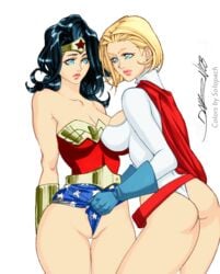 2girls ass beige_skin black_hair blonde_hair breasts cape clothes color colored daikon_(artist) dc_comics female female_only multiple_girls power_girl solopach standing superman_(series) wedgie wonder_woman wonder_woman_(series) yuri