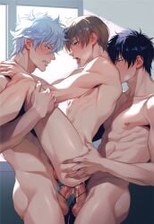 3boys ai_generated bar_censor black_hair blush brown_eyes carrying_partner clenched_teeth completely_nude double_anal double_penetration gay gintama gintoki_sakata hijikata_toshiro male male_only mmm_threesome nude okita_sougo open_mouth penis sandwiched side_view sweat threesome white_hair yaoi