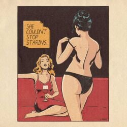 2girls black_hair bra jenifer_prince lingerie panties red_hair tagme text undressing vintage wine yuri
