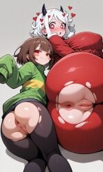 2girls :o ai_generated anus ass blush_stickers chara crossover female_only helltaker laying_on_side modeus_(helltaker) pussy size_difference sleeves_past_wrists smug sweater tights torn_clothes torn_tights undertale