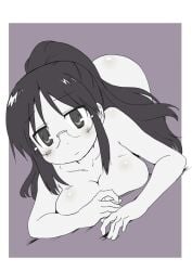 1girls aged_up arms artist_request ass big_ass big_breasts blushed blushed_face breasts breasts_on_floor female_focus front_view glasses glasses_only greyscale long_hair lying_on_floor minakami_mai naked naked_female nichijou on_floor ponytail serious solo tits