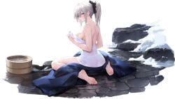 ass azur_lane back bare_shoulders barefoot blue_kimono blush breasts bucket cg feet female from_behind full_body grey_hair hair_ribbon holding_towel japanese_clothes joffre_(azur_lane) joffre_(sublime_elysium)_(azur_lane) kimono large_breasts long_hair looking_at_viewer looking_back naked_towel official_alternate_costume official_art onsen ponytail red_eyes sideboob sitting snow soles solo toes towel wariza water wet white_hair wooden_bucket