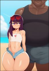 ai_generated annoyed big_ass booty_shorts bulge crop_top dark-skinned_male fat_ass fat_male femboy flat_chest huge_ass jean_shorts nonchalant petite purple_eyes purple_hair ugly_bastard white_crop_top