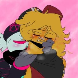 bandaid bite_marks biting_neck block_tales blood_drip blush blush cap griefer_(block_tales) hair licking_neck long_hair looking_pleasured mild_blood player_(block_tales) ponytail roblox robloxian