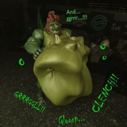 alligator alligatorid anthro belly big_belly clench crocodile crocodilian crunch digestion green_body hair hi_res invader_(invaderthegator) invalid_tag male male/male malunisisos muscular muscular_male oral_vore organs reptile rumbling_stomach scalie size_difference solo stomach tail teeth vore