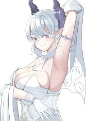 1girls absurdres alternate_version_available arm_up armlet armpit_focus armpits blush breasts cleavage closed_mouth collarbone demon demon_girl demon_horns demon_wings detached_collar dress drill_hair duel_monster earrings female fuheho0706 full_body grey_eyes hair_between_eyes heart heart_earrings highres horns jewelry labrynth_of_the_silver_castle large_breasts looking_at_viewer lovely_labrynth_of_the_silver_castle pointy_ears presenting_armpit short_hair sideboob simple_background smile solo spiked_armlet sweat sweaty_armpits transparent_wings twin_drills white_background white_dress white_hair wings yu-gi-oh!