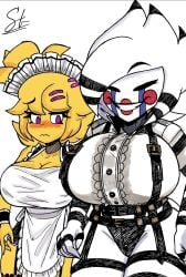 2girls breasts chica_(cally3d) chica_(fnaf) cryptiacurves fazclaire's_nightclub female female_only five_nights_at_freddy's puppet_(fnaf) smug tagme thick_thighs thighs white_hair white_skin