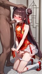 ai-generated ai_generated china_dress chinese_clothes crossdressing cum double_bun dress hair_bun handjob highres non-web_source red_skirt skirt trap