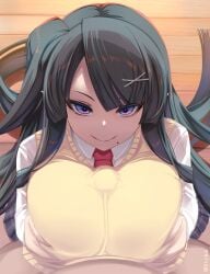 1boy 1girls boobjob clothed_paizuri female hidden_penis long_hair looking_at_viewer male myusca_(succubus_prison) necktie paizuri penis pov shiki_(psychedelic_g2) smile succubus succubus_prison tagme titjob