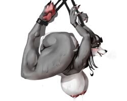 5:4 anthro backbend big_breasts bodily_fluids breasts canid canine contortionism extreme_contortion feet female flexible fur genitals green_eyes grey_body grey_fur gyy humanoid_genitalia lactating mammal milk nipples paws solo