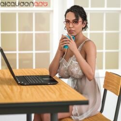 1girls 3d alcaudonart big_breasts breasts capcom computer dark-skinned_female dark_skin female glasses ingrid_hunnigan laptop nipples nipples_visible_through_clothing resident_evil solo translucent_clothing