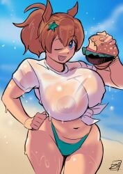 beach burger female female_only nipples nipples_visible_through_clothing see-through see-through_clothing taiki_shuttle_(umamusume) umamusume umamusume_pretty_derby wet wet_clothes zestysauce