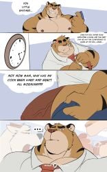 2023 abs angry anthro anthro_on_anthro anthro_on_top areola arm_markings barazoku belly biceps big_legs big_penis biped black_eyebrows black_eyes black_nose black_stripes blep bottomless bottomwear canid canine canis cellphone clenched_teeth clock clothed clothing colored comic credits cyan_background deltoids dialogue digital_media_(artwork) domestic_dog dominant dominant_anthro dominant_male dressing ear_markings ear_tuft ears_back ears_down electronics ellipsis embarrased_horny embarrassed embarrassed_male employee employee_uniform english_description english_text erection eyebrows facial_horn facial_tuft felid fellatio fingers forearm_muscles foreskin fur fur_markings furniture genitals glans head_tuft hi_res holding_object holding_phone horn humanoid_genitalia humanoid_hands humanoid_penis interspecies licking looking_at_genitalia looking_at_penis looking_down male male_on_top mammal markings mostly_nude multicolored_body multicolored_fur multiple_scenes musclegut muscular muscular_anthro muscular_male neck_tuft necktie necktie_only neutral_expression nude obliques on_top open_mouth oral orange_body orange_fur overweight pantherine partially_clothed patreon patreon_logo patreon_username pecs penile penis penis_lick phone pivoted_ears quads raised_eyebrows red_glans red_necktie red_penis rosy_cheeks rough_sex scarf scolding sequence sex shy side_view simple_background smartphone solo speech_bubble stocky striped_body striped_fur striped_markings stripes submissive submissive_male teasing teeth teeth_showing text thick_thighs thought_bubble tiger tongue tongue_out topless topwear triceps tuft twitter twitter_logo underwear uniform vein veiny_penis vitashi white_body white_clothing white_fur