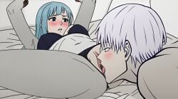 1boy 1girls ai_generated animated anonymous_male bdam bed blue_hair blush bondage bound cunnilingus devouring_pussy eating_pussy female jujutsu_kaisen kasumi_miwa licking licking_pussy miwa_kasumi restrained tagme video white_hair