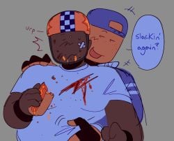 blood_stain caught_off_guard die_of_death_(roblox) eating embarrassed fat_male groping hotdog_(die_of_death) part_of_a_set roblox smug tagme taunt_(die_of_death)