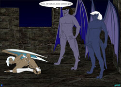 1girls 2boys delilah_(gargoyles) disney fab3716 female gargoyles goliath_(gargoyles) male nude penis pussy speech_bubble tagme text thailog translated_in_comments translation_request trio