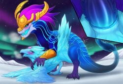 1boy 1girls ai_generated anivia aurelion_sol avian beak bird blue_body blue_eyes blush bodily_fluids cloaca cloacal_penetration close-up doggy_style dragon duo eastern_dragon elemental_creature female feral feral_on_feral forehead_gem forehead_jewel from_behind from_behind_position genitals half-lidded_eyes ice larger_male league_of_legends looking_at_another looking_pleasured male male_on_feral motion_lines riot_games side_view size_difference smaller_female talons wings